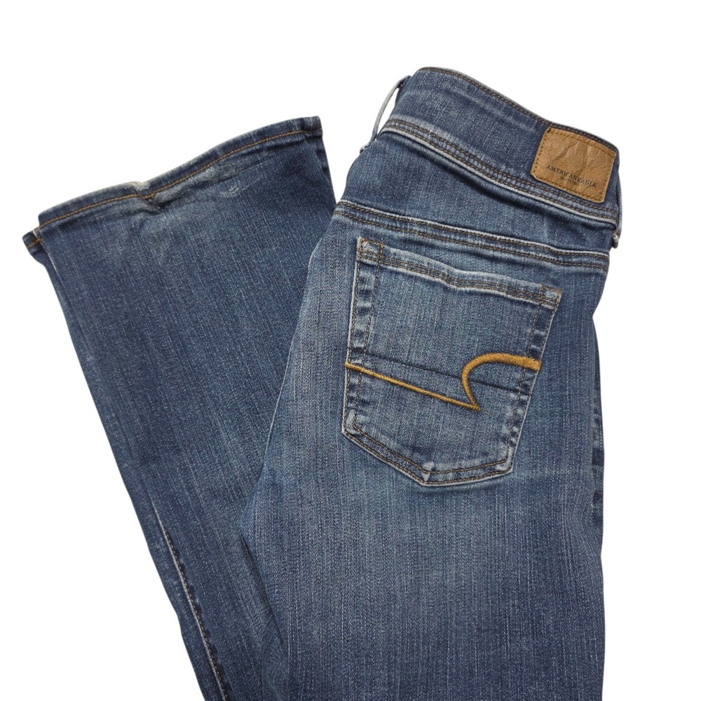 American‎ Eagle Kick Boot Women 2 Short Blue Denim Super Stretch Jeans